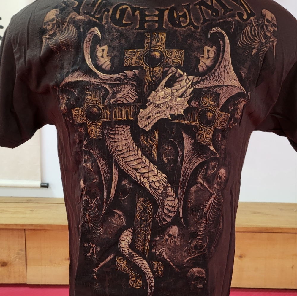NWOT Alchemy Dragon Cross Tee Size Large Brown 100% Preshrunk Cotton